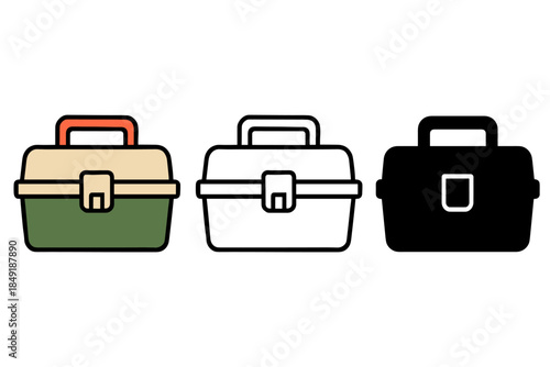 Three fishing tackle boxes in different styles: color, outline, and silhouette