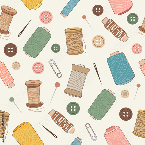 Seamless pattern featuring various sewing supplies like colorful thread spools, buttons, needles, and safety pins