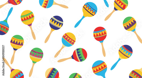A vibrant seamless pattern of colorful decorated maracas for a festive Mexican or Latin American music-themed background design.