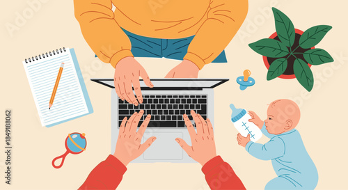 A top-down view of a parent working from home on a laptop while multitasking and caring for a baby at their desk.