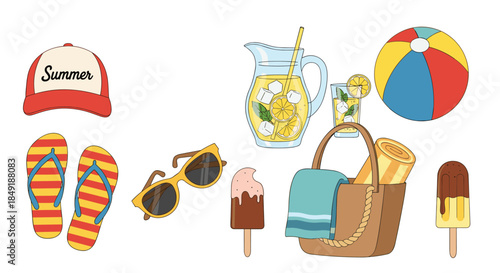 A hand-drawn collection of summer vacation items including a beach bag sunglasses flip-flops ice cream and refreshing lemonade.