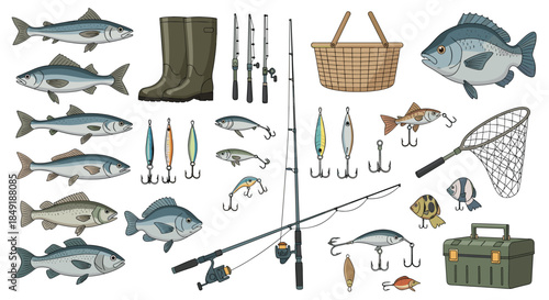 Large collection of fishing equipment and various fish species including rods lures boots a net and a tackle box for angling.