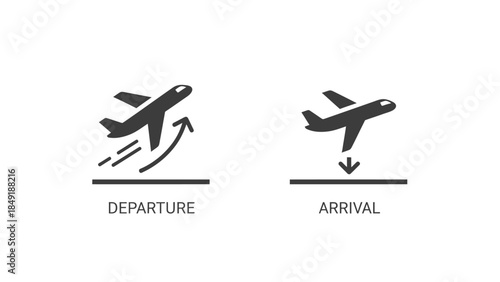 Departure and arrival airplane icons indicating takeoff and landing actions, isolated white background.