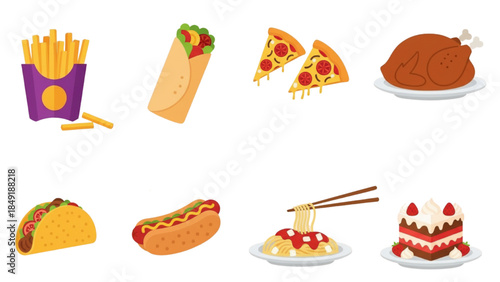 Fast Food Vector Icon Set: Flat Illustrations of Fries, Pizza, Taco, Hot Dog, Pasta and Dessert