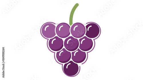 Simple purple grape bunch illustration with green stem, fresh and minimalist fruit design, isolated white background.