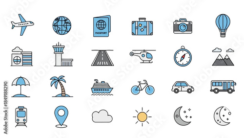 Collection of colorful travel and holiday icons, including airport, passport, luggage, and weather symbols, isolated white background.