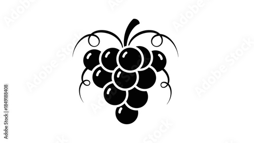 Black silhouette of a grape bunch with a stem and two leaves, isolated white background.