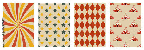 Retro circus backgrounds with big top tents, vintage sunbursts, stars, and harlequin diamonds