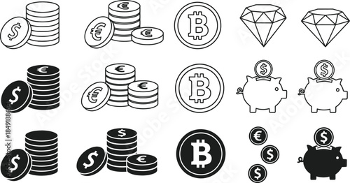 Collection of Icons Representing Currency, Finance, and Investments