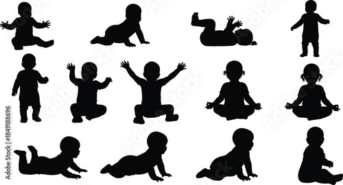 Baby silhouettes set with infant crawling, sitting, standing, and playing poses, vector collection for parenting, childhood development, nursery design, and maternal health concepts