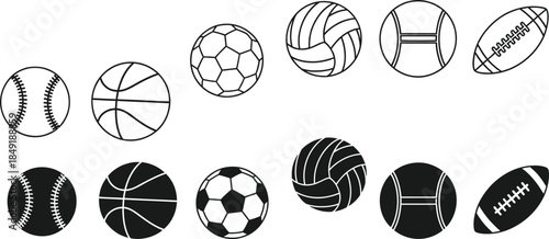 Collection of Various Sports Balls Illustrated in Outline Style on a White Background