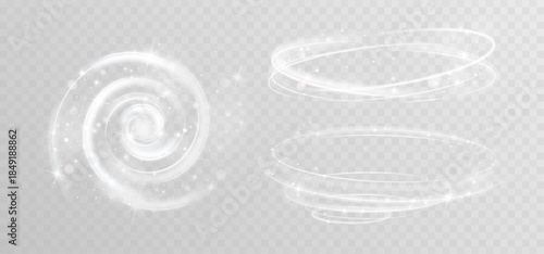 White glowing spiral vortex with soft light trails, sparkling stars and floating particles creating elegant magical motion effect on transparent background.