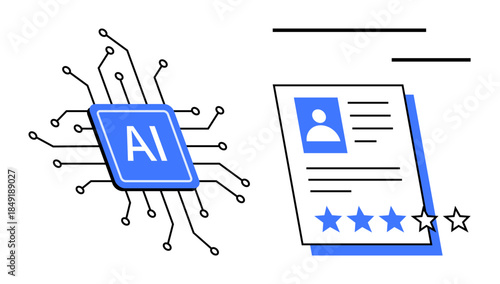 AI chip with circuit lines connected, next to a profile card featuring user details and star ratings. Ideal for technology, AI, automation, recruitment, analytics, digital identity, innovation