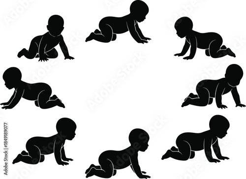 Crawling baby silhouette vector set, featuring diverse infant poses in a circular arrangement for childcare, motherhood, nursery decor, and early childhood development designs