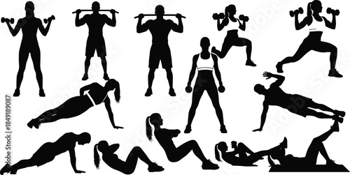 Fitness silhouettes vector set featuring men and women exercising with dumbbells, barbells, planks, and bodyweight workouts for gym branding, bodybuilding, and wellness designs
