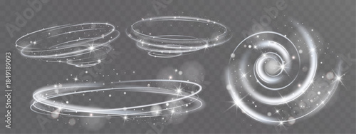 Abstract luminous vortex set with swirling circular light trails, sparkling particles and soft glow, forming dynamic spiral rings and energy waves isolated on transparent background.
