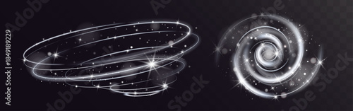 White glowing spiral vortex with soft light trails, sparkling stars and floating particles creating elegant magical motion effect on transparent background.