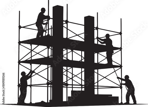 Construction workers on multi-level scaffolding assembling a large concrete structure