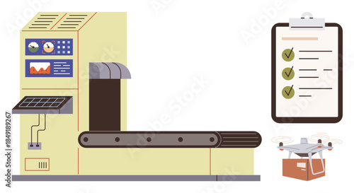 Industrial machine with conveyor belt, control panel, and metrics. quadcopter carries parcel near checklist with progress marks. Ideal for automation, productivity, quality control, innovation