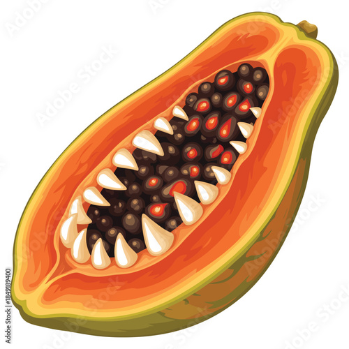 A half-cut papaya showing its interior with black seeds, some red pulp bits, and sharp, white, pointed teeth growing from its core