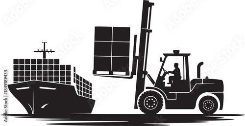 Forklift loading cargo containers onto a large cargo ship at a port vector illustration