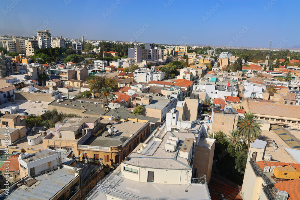 Fototapeta premium Bird eye view of the southern part of Nicosia is the capital of the Republic of Cyprus and is separated from the north by the UN's