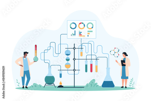 Chemical experiment in laboratory and scientific data analysis. Tiny people research reaction on reagents in test tubes, pipe system and lab burner in chemistry class cartoon vector illustration