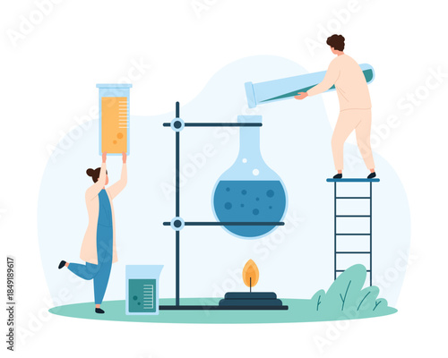 Chemistry scientific experiment in laboratory, boiling of water with reagents in flasks. Tiny people study reaction in test tubes, chemists heat chemical fluid on burner cartoon vector illustration
