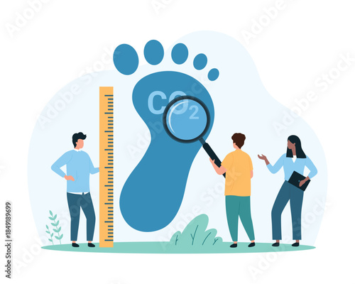 Carbon dioxide footprint pollution research. Tiny people measure big CO2 foot with ruler, study effect of greenhouse gas and emissions to climate with magnifying glass cartoon vector illustration
