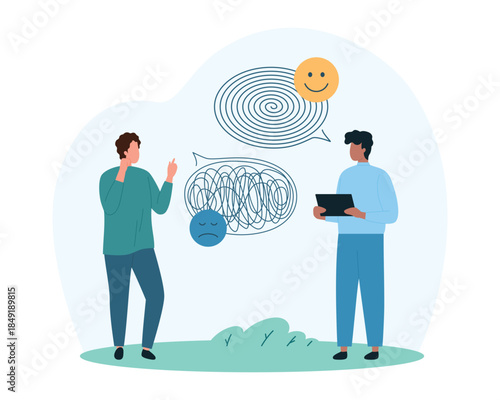 Mental health therapy, psychologists support of patient and psychotherapy. Advice and counseling on behavior problems, stress and depression from individual therapist cartoon vector illustration
