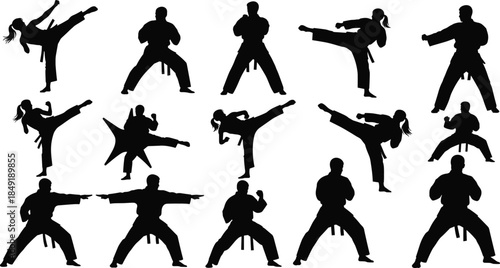 Set of black martial arts silhouettes, karate and taekwondo fighters in different kicking punching and defense poses, combat sport vector illustration design elements,