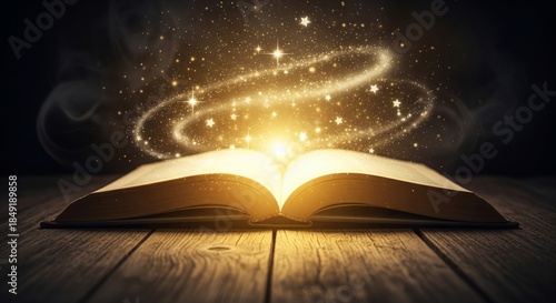 Open Antique Book with Magical Golden Light and Sparkles on Wooden Table Represents Imagination, Education, Fairy Tale Story, and Knowledge