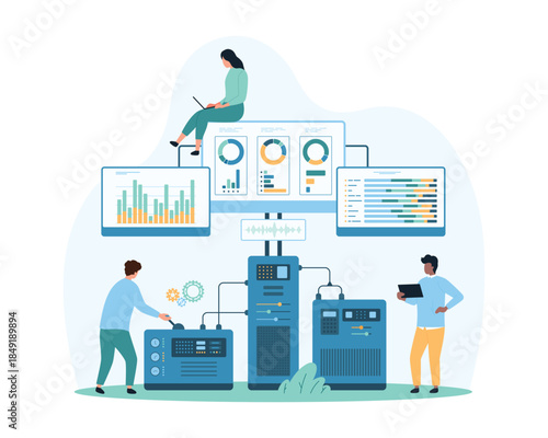 Cloud data storage, hosting, data processing and file analysis in computing system. Tiny people monitoring charts and workflow diagrams, work with equipment online cartoon vector illustration