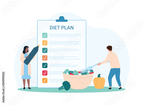 Weight loss program, diet planning with help of nutritionist. Tiny people holding fork to eat healthy food and marker to highlight item and control diet list on clipboard cartoon vector illustration