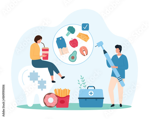 Diet awareness for healthy teeth and gums. Tiny people notice about bad influence of fast food and drink, dentists talk about healthy good nutrition in infographic chart cartoon vector illustration