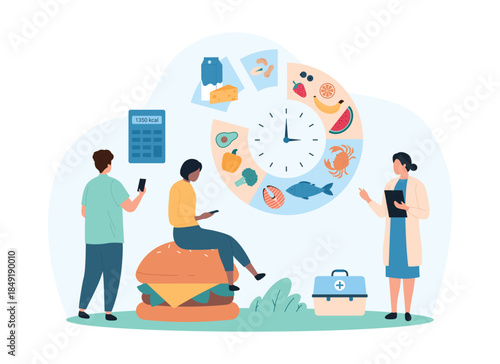 Diet planning, meal schedule and nutrients during day. Tiny people study chart planner with clock and food list for healthy menu balance, count calories on calculator cartoon vector illustration