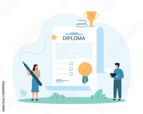 Diploma for success achievement, quality certificate and gold award of customers appreciation. Tiny people holding pen to sign paper document with warranty stamp and ribbon cartoon vector illustration