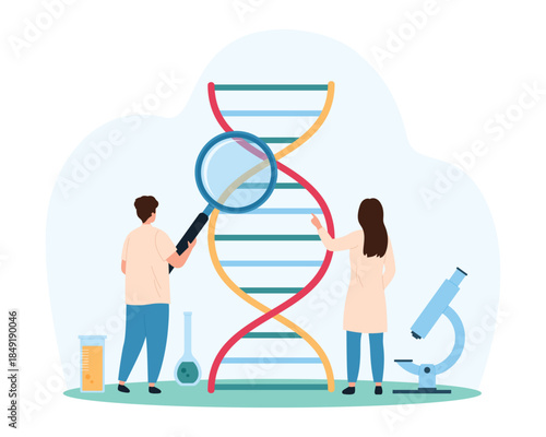 Genetic medical research process, investigation and search genes in human DNA, biotechnology. Tiny people with magnifying glass test molecule to discover and study ancestry cartoon vector illustration