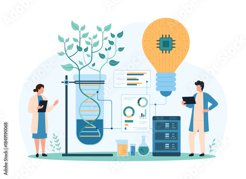 Genetic research in digital project, biotechnology. Tiny people growing green plant from DNA helix in lab experiment, futuristic scientific equipment with light bulb cartoon vector illustration