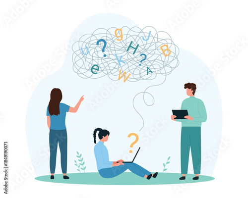 Dyslexia, learning brain disorder and text reading difficulty. Tiny people try to recognize letters in chaos, attention and awareness of problems of dyslexic person cartoon vector illustration