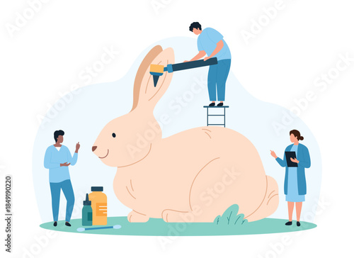 Medical examination of rabbit ear by veterinarian in vet hospital. Tiny people check bunny ears health with otoscope, professional examination and treatment of animal cartoon vector illustration