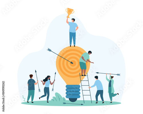 Creative strategy, innovation and success solutions for goal achievement, accuracy of focus. Tiny people hit center of target with arrow, dartboard inside light bulb cartoon vector illustration