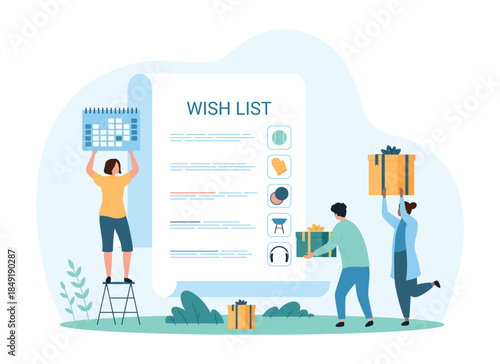 Wishlist, gift and shopping list of personal favorites for purchasing and shop orders. Tiny people check planner on spiral paper sheet with filled list of best products cartoon vector illustration