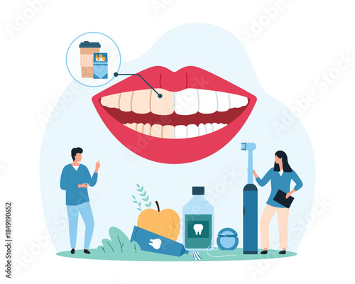 Whitening teeth enamel, dental hygiene. Tiny people study infographic chart of smile with white and yellow teeth with plaque, food and procedures influencing tooth color cartoon vector illustration