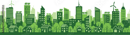 Green Eco-Friendly City Skyline Silhouette with Wind Turbines, Solar Panels and Sustainable Urban Architecture Vector
