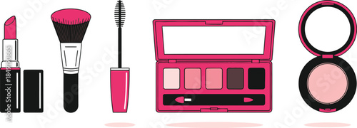 Flat illustration collection of 5 makeup items lipstick mascara brush eyeshadow palette and powder compact