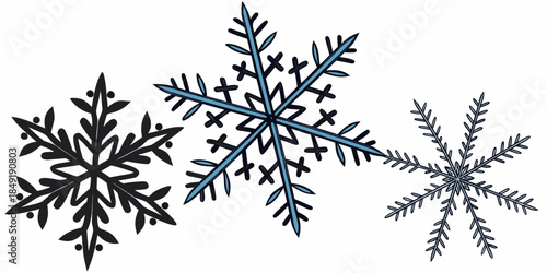Black Christmas snowflakes arranged on a clean white background, vector design, ideal for a sophisticated and stylish holiday look.
