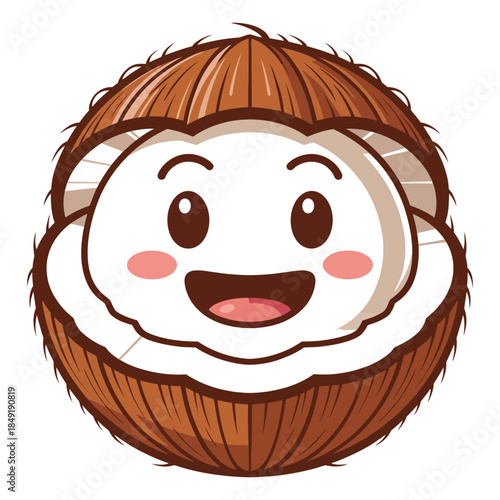 Happy cartoon coconut mascot character with a wide smile and rosy cheeks, friendly tropical fruit isolated on a white background, sweet dessert