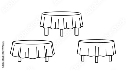 Simple line drawing of three tables with draped cloths silhouette