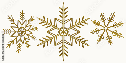 Set of elegant gold Christmas snowflakes on a white background, vector illustration for a festive holiday design.